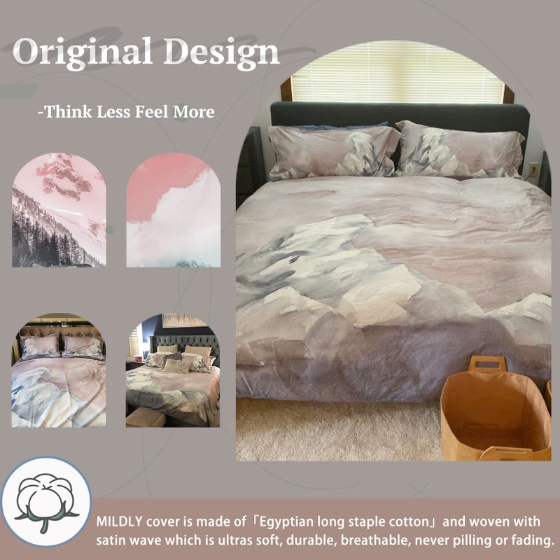 MILDLY 100% Long-Staple Cotton Duvet Cover Set Abstract Gray Pink Marble Pattern Printed Comforter Cover 3pcs, Ultra Soft & Breathable Bedding Set - Image 2